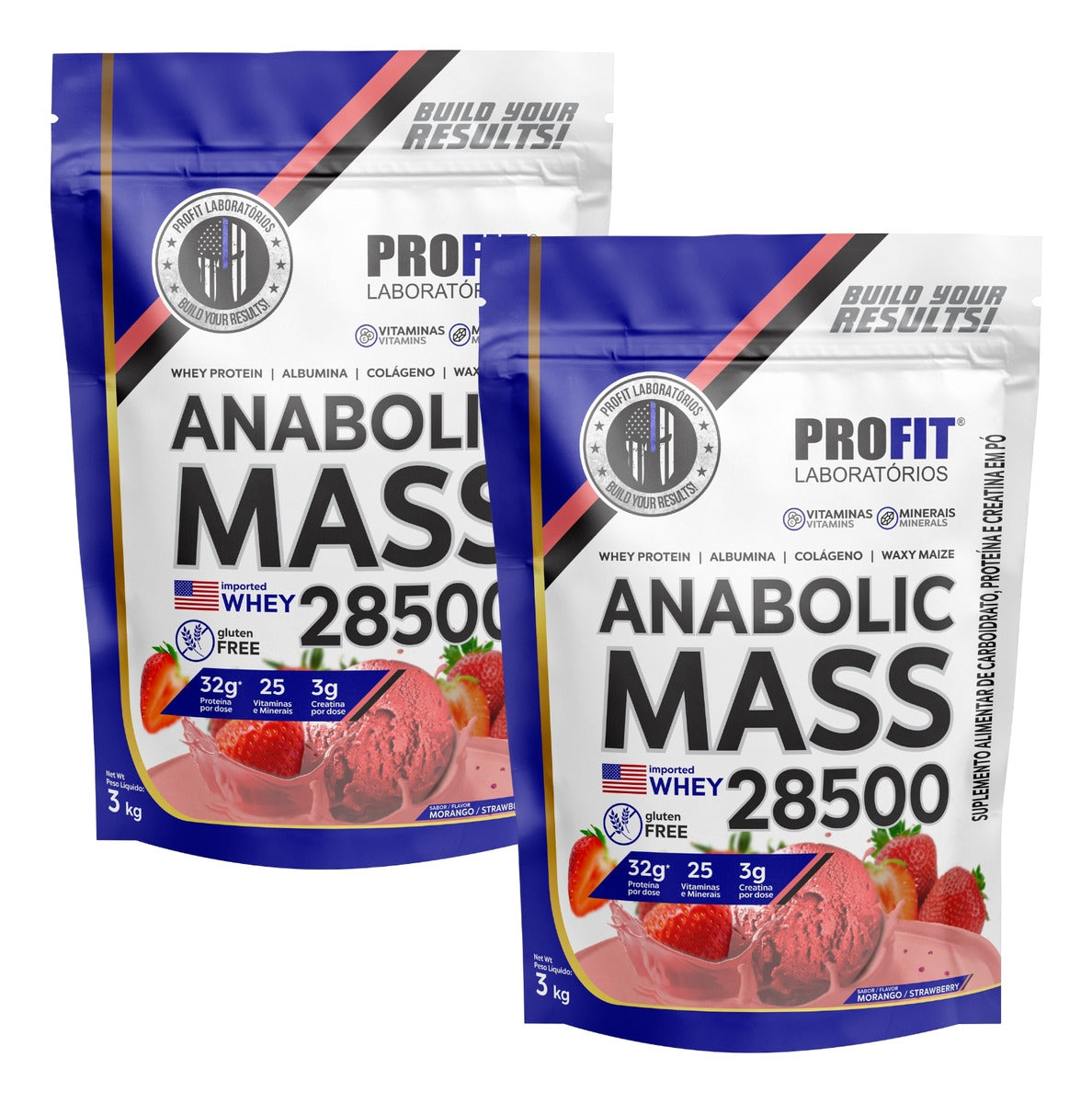 Hipercalórico Anabolic Mass 28500 3kg Profit Labs Sabor Morango