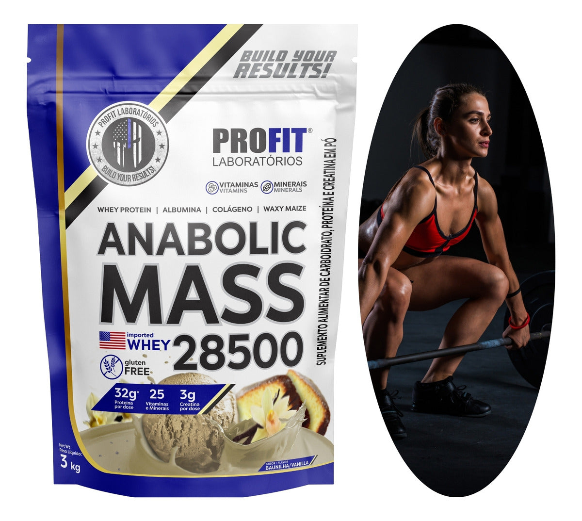 Hipercalórico Anabolic Mass 28500 3kg Profit Labs Sabor Baunilha