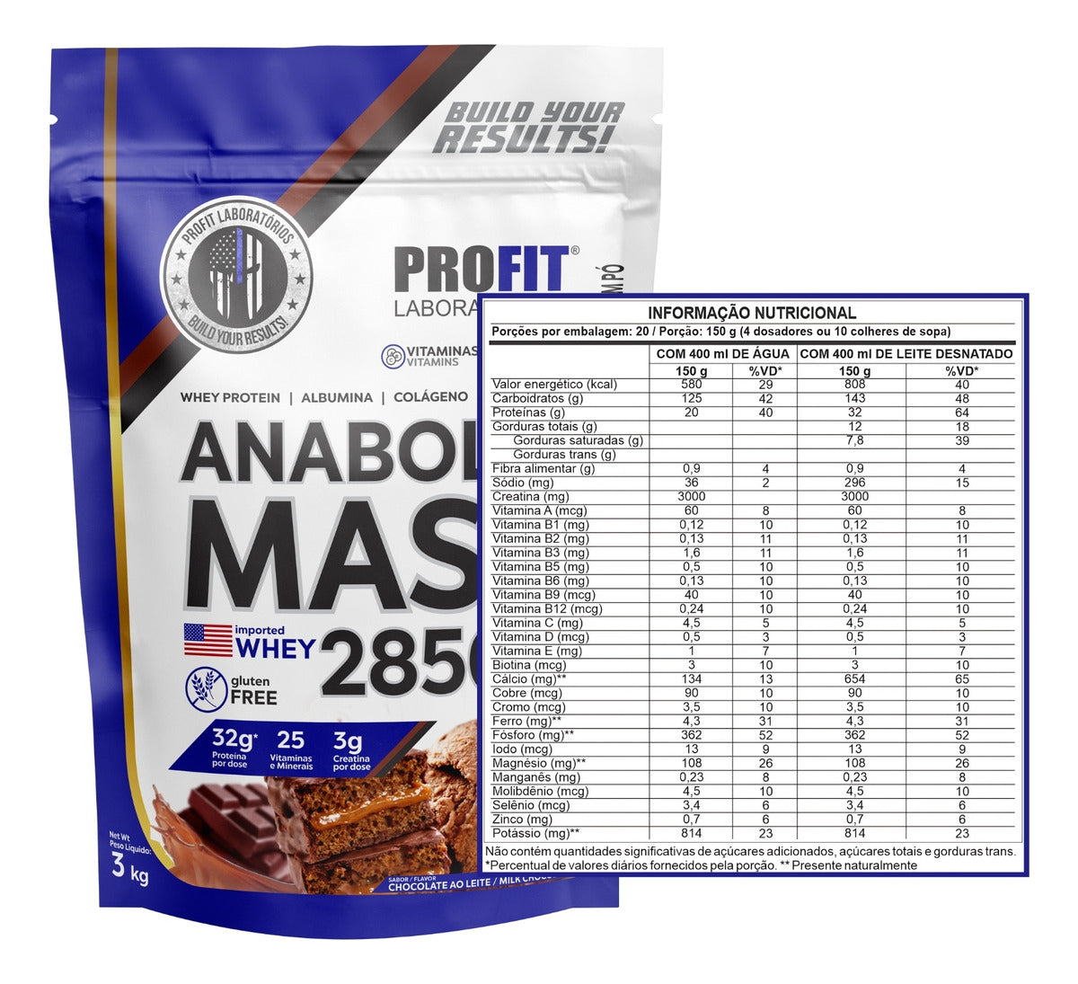 Suplemento em pó ProFit Laboratórios Anabolic Mass 28500 proteínas sabor chocolate em sachê de 3kg