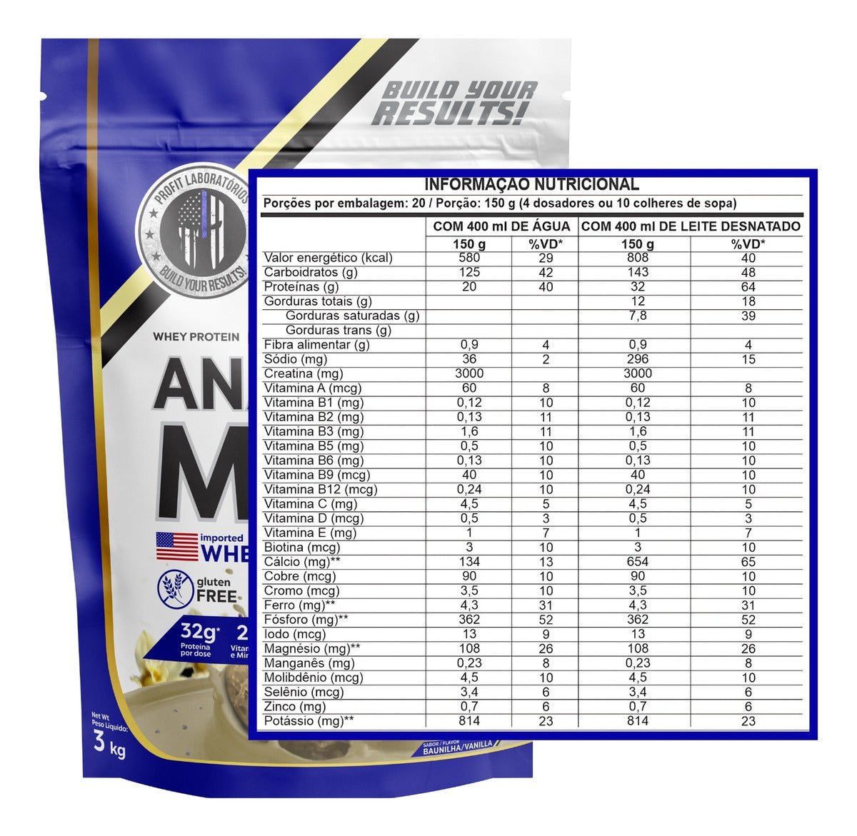 Hipercalórico Anabolic Mass 28500 3kg Profit Labs Sabor Baunilha